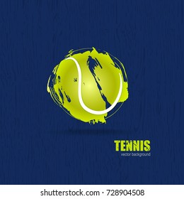 Vector tennis ball. Design print for T-shirts. Element sports for the poster, banner, flyer. Hand drawing, brush element, isolated on a wooden background.