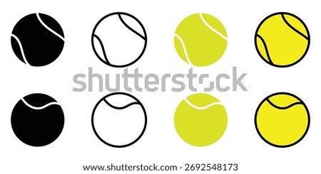 Vector tennis ball icons set flat design, silhouette outline, stroke styles, isolated for logo, web app UI, print sticker. Isolated on white background.
