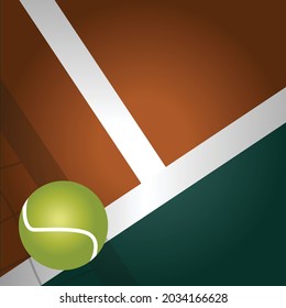 Vector of tennis ball on brown and green tennis court with white markings. graphic decor print design, sport and competition concept digitally generated image.