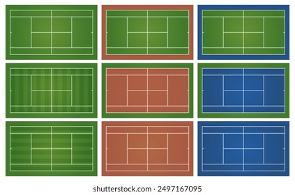 Vector de pista de tenis con diferente color de tierra desde la vista superior. Campo de tenis realista con parque infantil verde, marrón y azul. Vector EPS 10