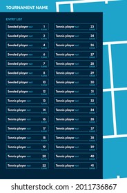 Vector tennis entry list template with blue court. Sport illustration.