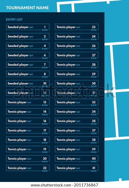 Vector tennis entry list template with blue\
court. Sport\
illustration.