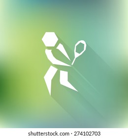 Vector tennis icon. Summer sports symbol with long shadow on blurred background. Logo design.