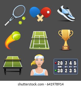 vector tennis icons set on dark background