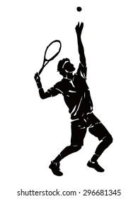 vector tennis player service. black silhouette on white background, grunge illustration