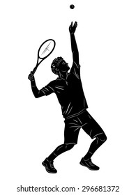 vector tennis player service. black silhouette on white background