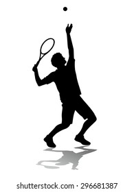 vector tennis player service. black silhouette on white background