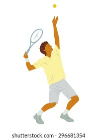 vector tennis player service. color silhouette on white background