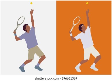 vector tennis player service. color silhouette on white, color background