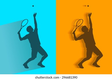vector tennis player service. dark silhouette on color background