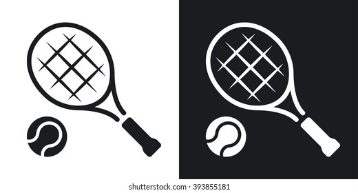 Vector tennis racket and tennis ball icon. Two-tone version on black and white background