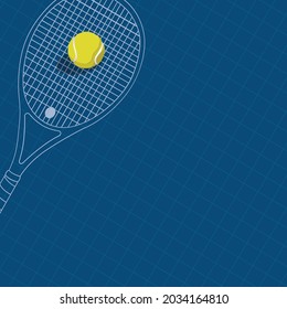 Vector of tennis racket and ball over white grid on blue background. graphic decor print design, sport and competition concept digitally generated image.