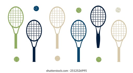 Vector tennis rackets and balls silhouette set isolated on white background.