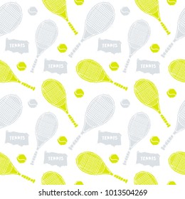 Vector Tennis seamless pattern. Sport wallpaper. Background with ball and racket for banner design, poster, cover, sketch elements.