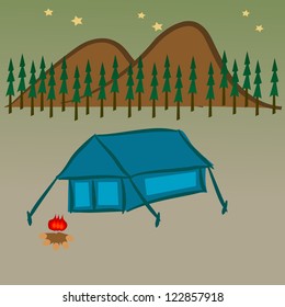 Vector of tent and camp fire in the nighttime