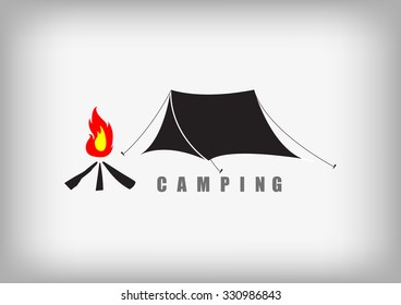 Vector : Tent and fire camping on gray background