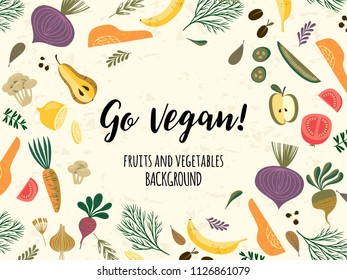 Vector teplate with vegetables and fruit. Vegan concept. Elements for design