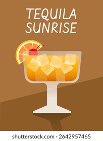 Vector Tequila Sunrise cocktail in a tall glass with orange and cherry garnish. Earthy brown background adds a warm vibe.