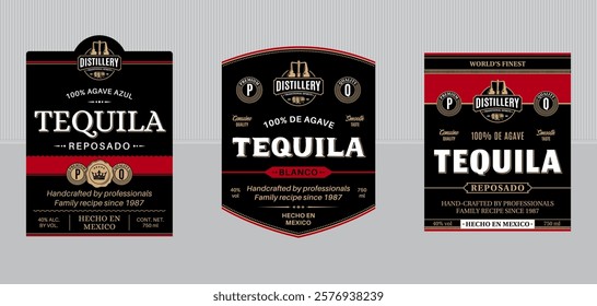 Vector tequila vintage black and red labels and packaging design templates. Distilling industry branding and identity design elements