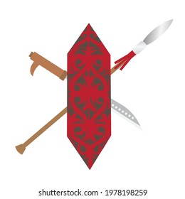 A vector of "terabai" or shield, "mandau" or ilang sword and blow pipe on white background. Famous weapon used by Sarawakian for battle. In modern usually used for traditional festival and ceremony.