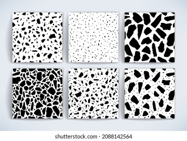 Vector Terrazzo parquet sin fisuras conjunto de patrones. Resumen de la superficie texturizada de piedra blanca negra italiana, hormigón terrazo. Suelo de terrazo natural de granito clásico. Diseño interior, colección de fondo.