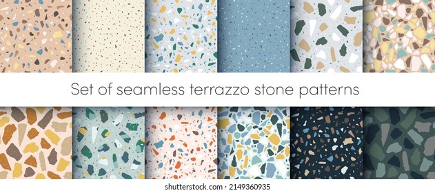 Vector Terrazzo flooring seamless patterns set. Abstract natural color italian textured stone surface, terrazzo concrete. Classic granite natural terrazzo floor. Interior design, background collection