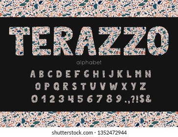 Vector terrazzo font and alphabet. Abc, english letters and numbers