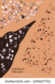 Vector terrazzo interior poster. Abstract textured background done from real broken small tile chips. Modern expressionism brick color pastel marble card for print and web.