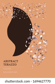 Vector terrazzo interior poster. Abstract textured background done from real broken small tile chips. Modern expressionism brick color pastel marble card for print and web.