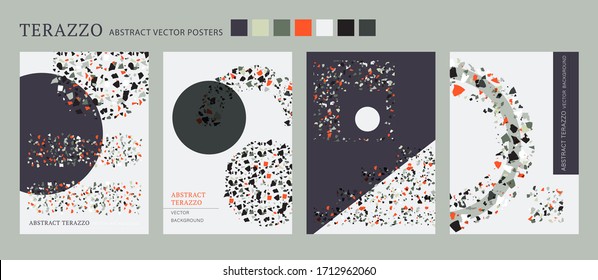 Vector terrazzo interior poster. Cool shape composition set. Abstract contrast textured background done from real broken small tile chips. Modern color art pastel marble card collection.