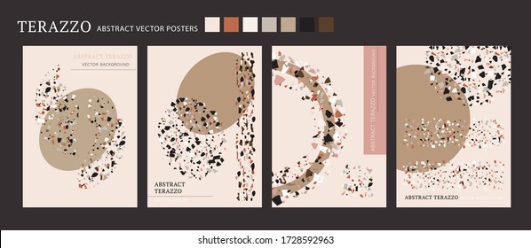 Cartel interior del vector terrazzo. Conjunto de composición de forma frío. Resumen contraste de fondo texturado hecho a partir de pequeños chips de baldosas rotas. Colección de cuadros de arte de mármol pastel de color moderno para imprimir.
