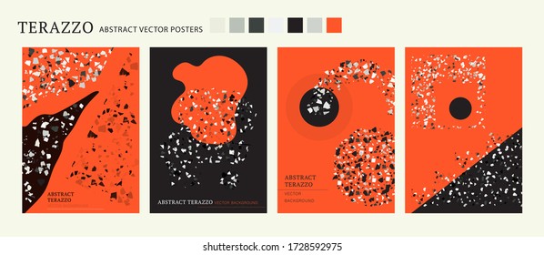 Vector terrazzo interior poster. Cool shape composition set. Abstract contrast textured background done from real broken small tile chips. Modern color marble art card collection for print and web.
