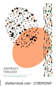 Vector terrazzo interior poster on a white background. Abstract expressionism textured background done from real broken small tile chips. Modern color pastel marble shape card for print and web.
