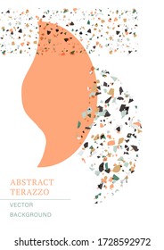 Vector terrazzo interior poster on a white background. Abstract expressionism textured background done from real broken small tile chips. Modern color pastel marble shape card for print and web.