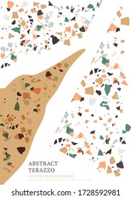 Vector terrazzo interior poster on a white background. Abstract expressionism textured background done from real broken small tile chips. Modern color pastel marble shape card for print and web.