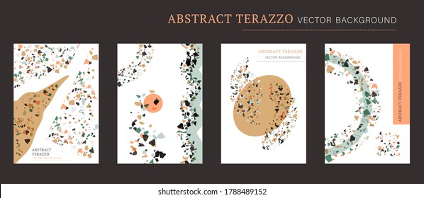 Vector terrazzo interior poster set. Abstract textured expressionism backgrounds done from real broken small tile chips. Modern beige texture marble art card.