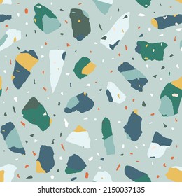 Vector Terrazzo seamless pattern. Abstract color italian flooring stone, concrete green and blue texture. Classic granite natural textured background for interior design, print, wallpaper, fabric.