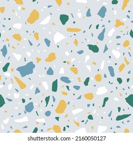 Vector Terrazzo seamless pattern. Abstract italian flooring stone, concrete multicolor small elements texture on blue background. Granite natural textured print for home interior design, fabric.