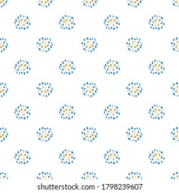 Los círculos de tipo vectorial terrazzo se dispersaron en un fondo de patrón vectorial sin fisuras. Resumen de esferas irregulares de mosaico en azul y amarillo sobre fondo blanco. Efecto floral en toda la impresión para productos para bebés