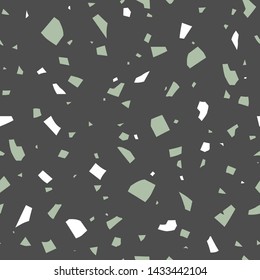 Vector terrazzo texture, abstract dark seamless pattern. Classic italian background. Mix of natural stone, quartz, marble, concrete, granite and glass. Modern trend illustration.