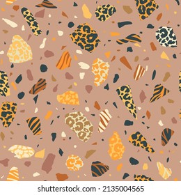 Vector Terrazzo Wild Animal seamless pattern mix. Abstract stone with leopard texture, tiger, zebra prints. Geometric spots textured brown background for interior design, fabric, wrapping.