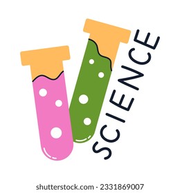 Vector test tubes with liquid and science text. Trendy sticker for school research with test tubes. School laboratory concept. Biology or chemistry. 