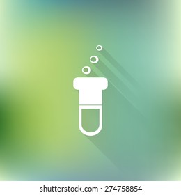 Vector test-tube icon, medical and science symbol with long shadow on blurred background