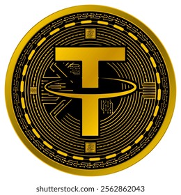 Vector of Tether Digital Currency in gold and black colors on a white background.