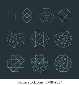 vector tetragonal light outline monochrome variations sacred geometry square decoration elements collection isolated dark background  