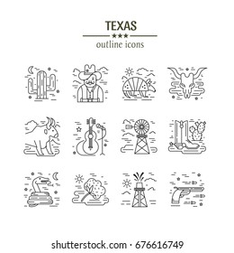 Vector Texas black and white outline icons isolated on white background. Cowboy, longhorn and other Texas sumbols. 