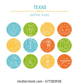 Vector Texas circle colorful outline icons isolated on white background. Cowboy, longhorn and other Texas sumbols. 