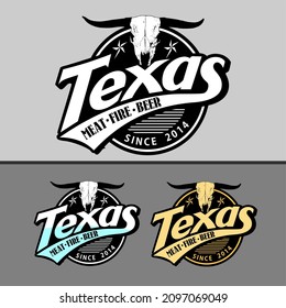 Vector Texas logo in three color variations. Vintage, stylish logo for your establishment, bar, restaurant, pub. Logo skull, buffalo head, cows, wild west. Clothes design, typography, print, poster