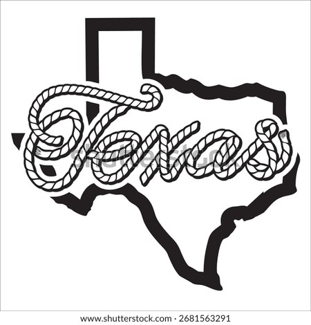 Vector Texas map black silhouette isolated on white background for printing or design. Vector Texas rope design and American cowboy lasso 