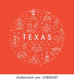 Vector Texas Outline Icons Made In Circle Isolated On  Background. Cowboy, Longhorn And Other Texas Sumbols. 